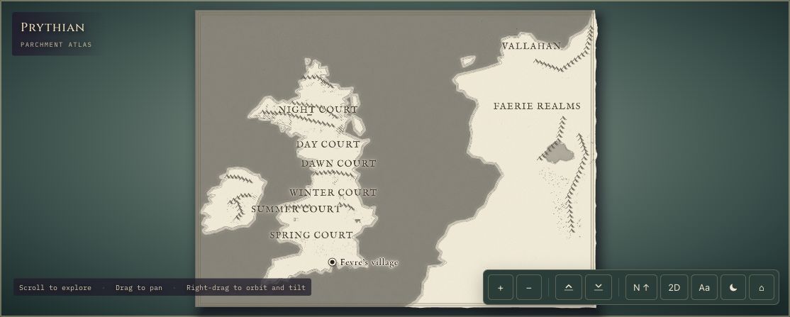 RuneCharted ACOTAR map showing Prythian, its court regions and neighbouring lands