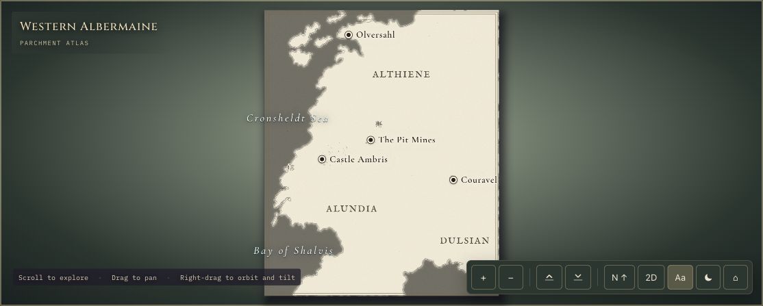 RuneCharted map of Western Albermaine from The Pariah, with named duchies and settlements