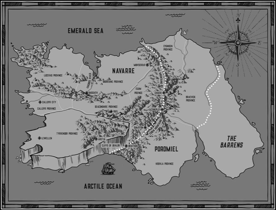 Published Fourth Wing map of Navarre, Poromiel and the Barrens, used as the zoomable overview