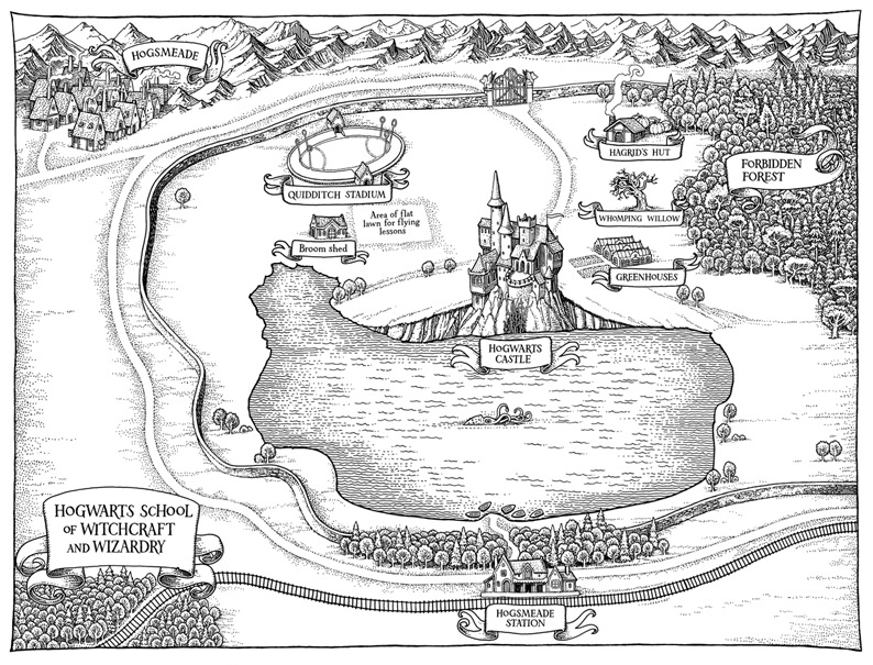 Tomislav Tomić’s published Hogwarts grounds map with the castle, Hogsmeade, lake, forest and station