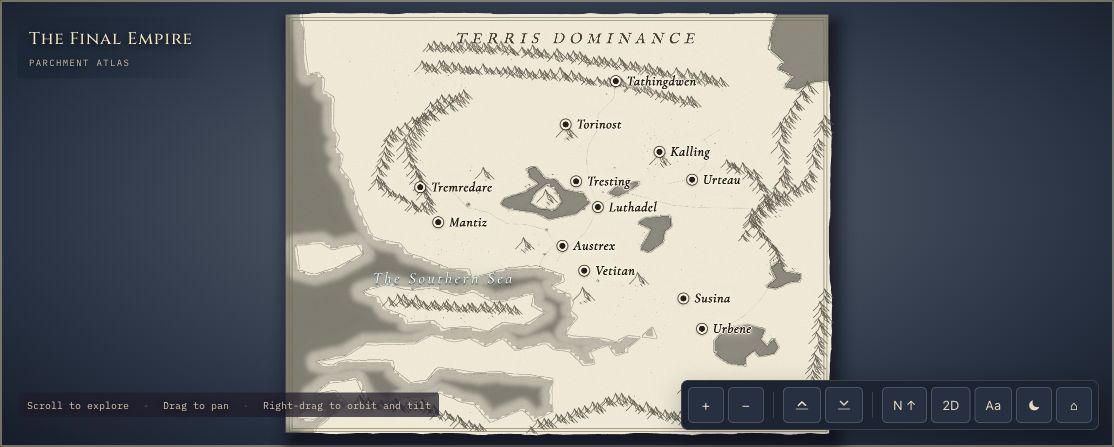 RuneCharted map of the Final Empire from Mistborn, with Luthadel and surrounding regions