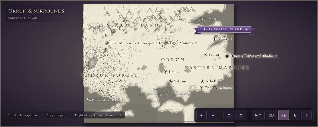 RuneCharted overview of Orrun, with labelled regions, waters and the Imperial Island