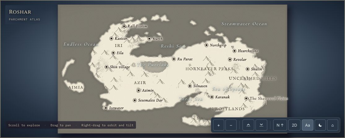 RuneCharted map of Roshar with its labelled regions, seas and Shattered Plains