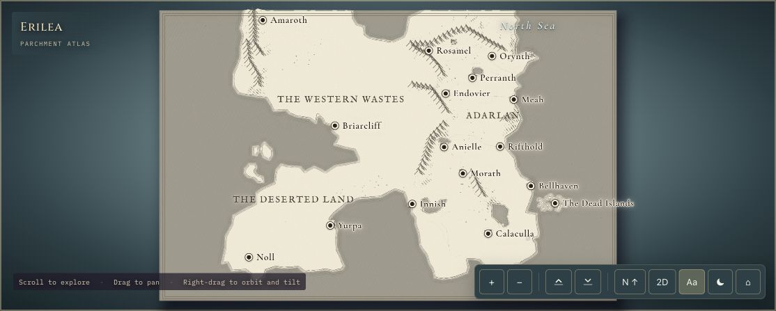 RuneCharted Throne of Glass map showing Erilea, its regions, mountains and settlements